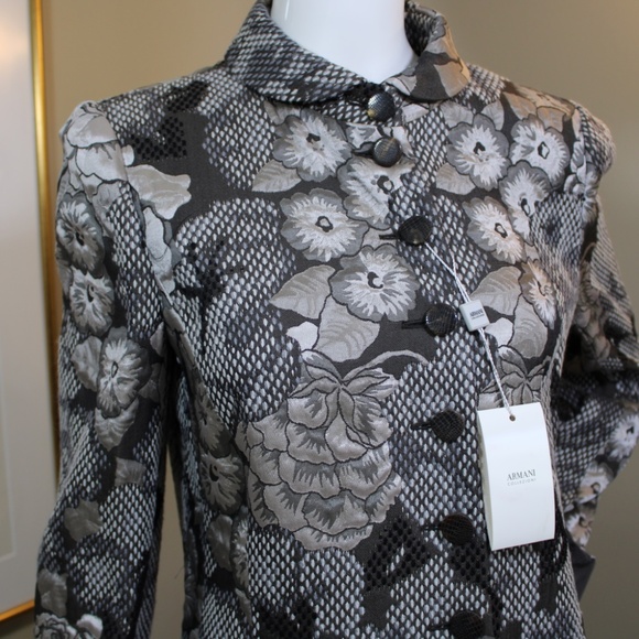 Armani Collezioni Black & Ivory Floral Print Jacket Sikk Linned– Size 8 - Picture 14 of 16
